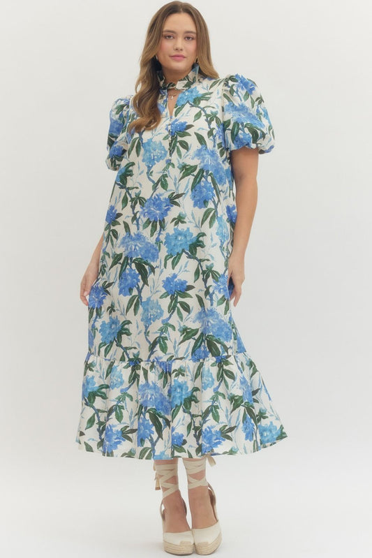 Plus Size - Floral Print Ruffle Neck Midi Dress