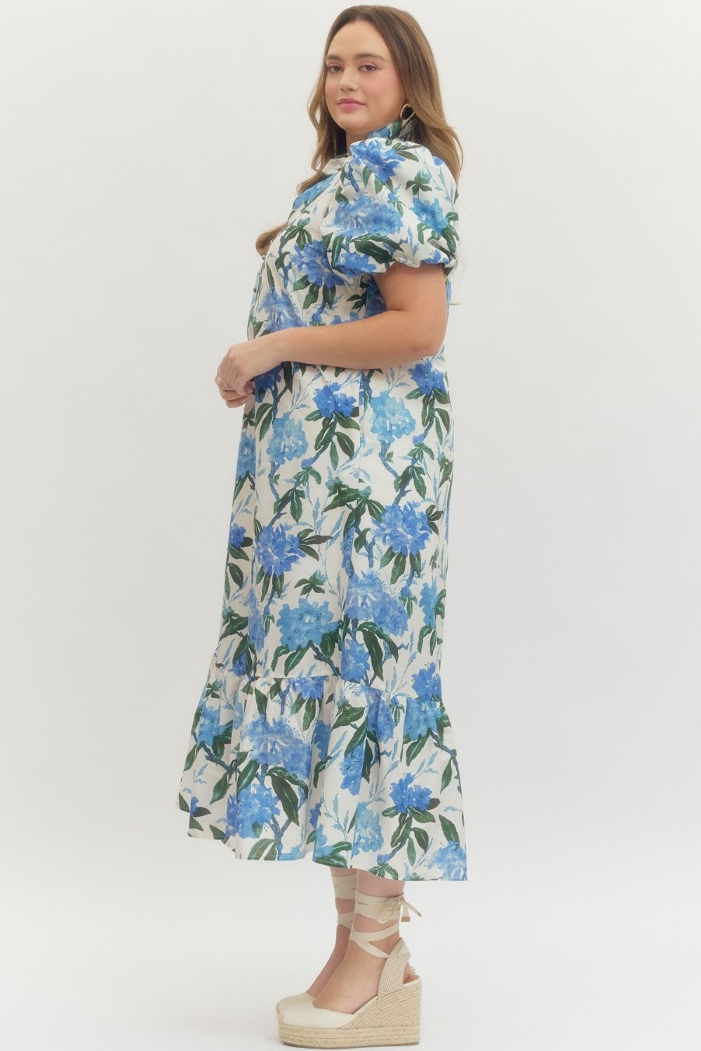 Plus Size - Floral Print Ruffle Neck Midi Dress