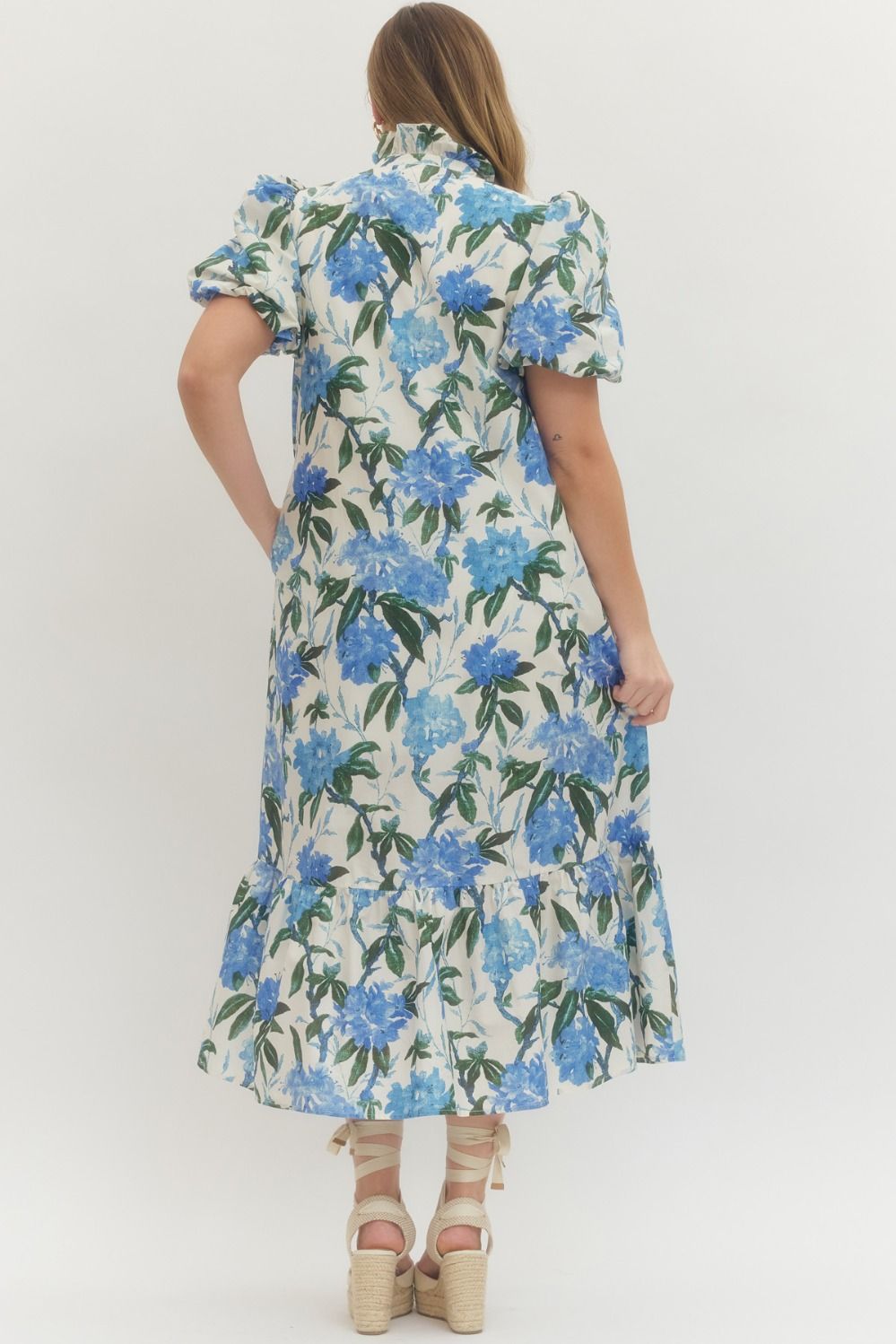 Plus Size - Floral Print Ruffle Neck Midi Dress