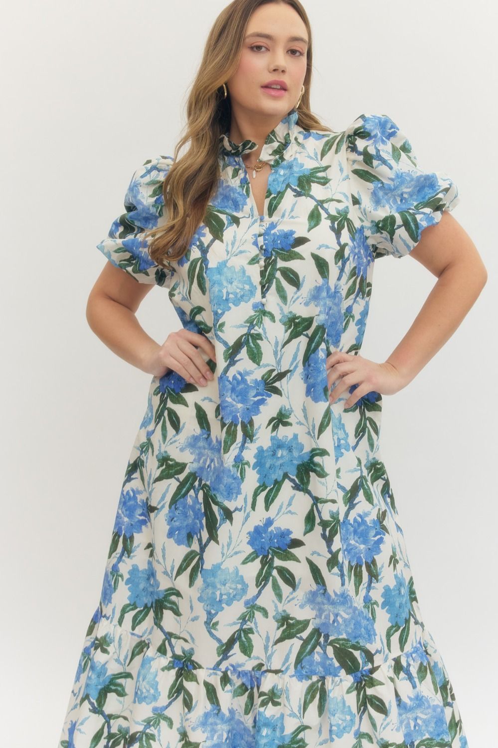 Plus Size - Floral Print Ruffle Neck Midi Dress