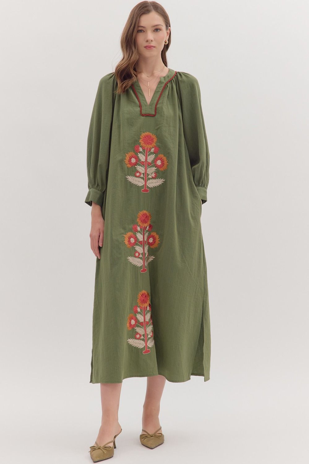Embroidered Fall Floral Long Sleeve Maxi Dress