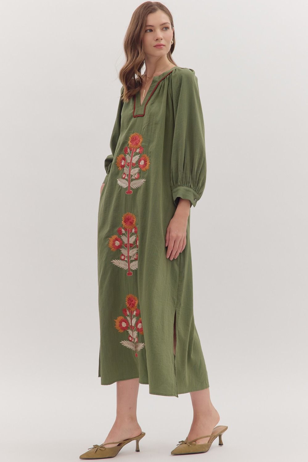 Embroidered Fall Floral Long Sleeve Maxi Dress