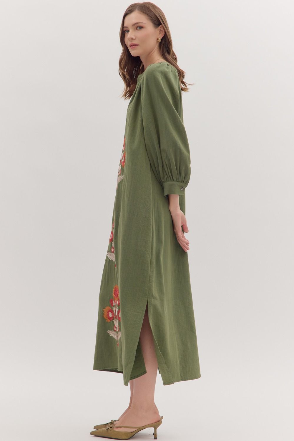 Embroidered Fall Floral Long Sleeve Maxi Dress