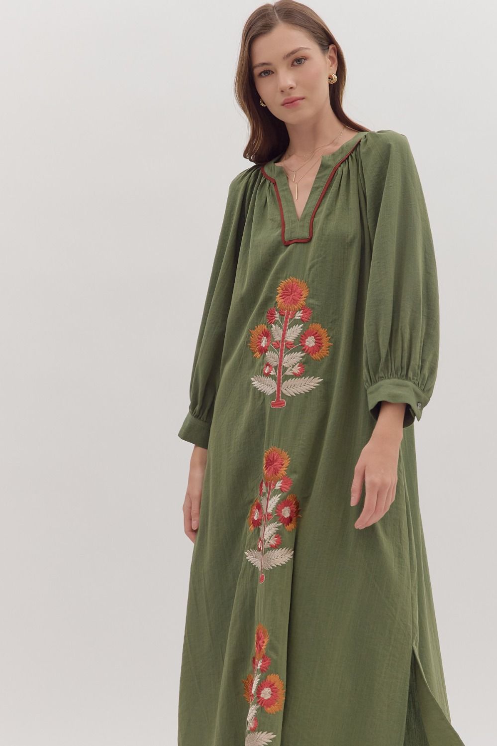 Embroidered Fall Floral Long Sleeve Maxi Dress