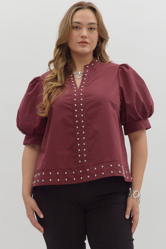 Entro Burgundy Studded Top - Plus Size ( XL-2X )