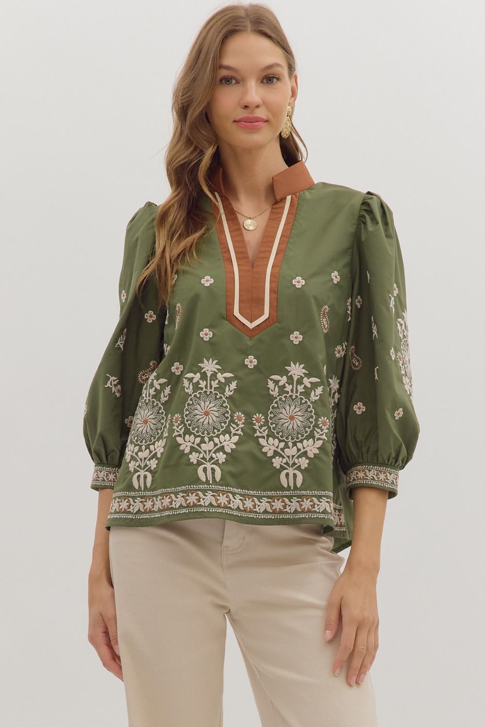 Entro Fall Olive Floral Embroidered Puff Sleeve Top