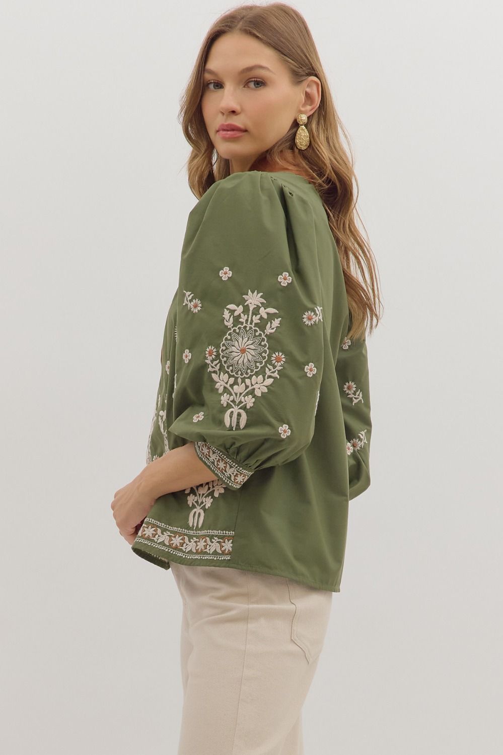 Entro Fall Olive Floral Embroidered Puff Sleeve Top