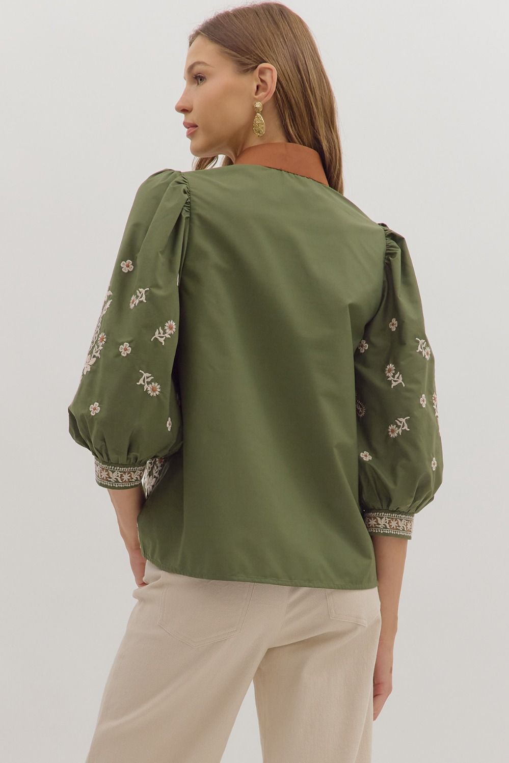 Entro Fall Olive Floral Embroidered Puff Sleeve Top