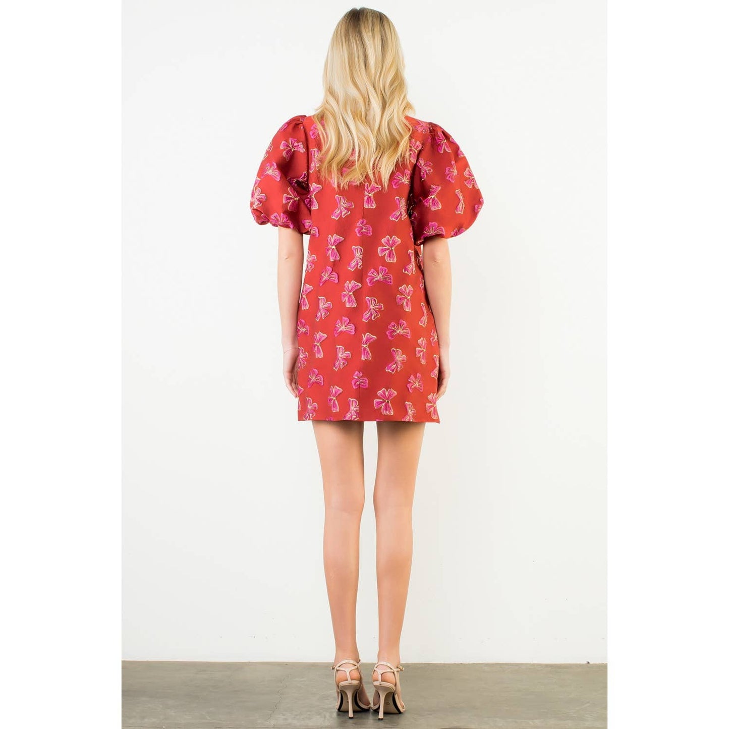 Puff Sleeve Embroidered Bows Dress (XS-L)