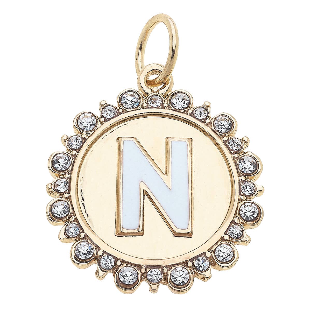 Rhinestone Letter Disc Charm in Shiny Gold