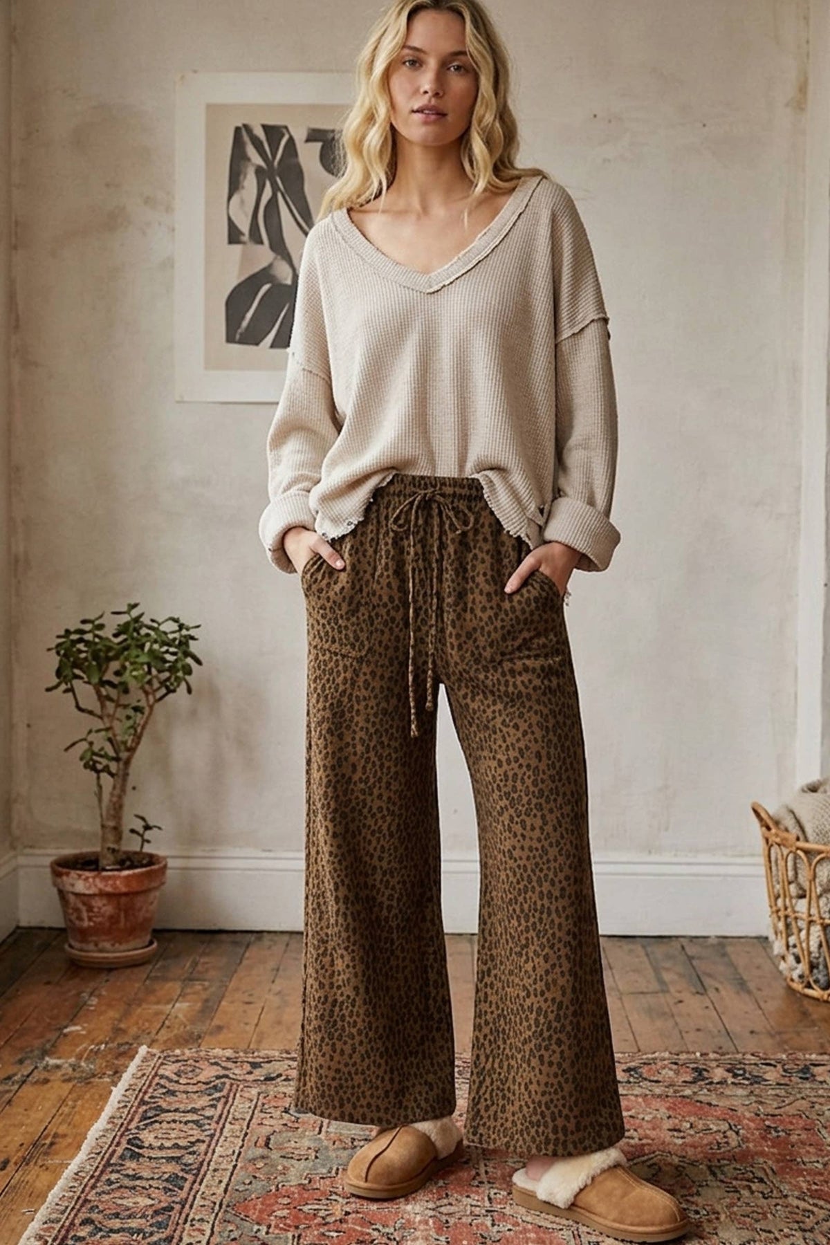 The Lucy Leopard Wide Leg Drawstring Pants