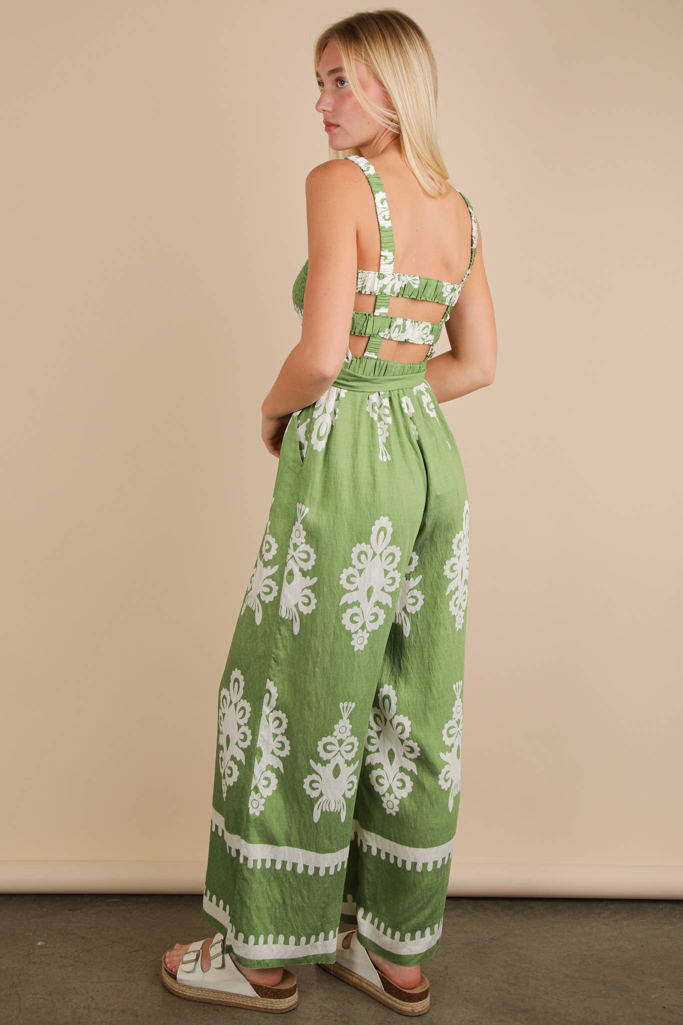 Green Boho Printed Smocking Detail Jumpsuit