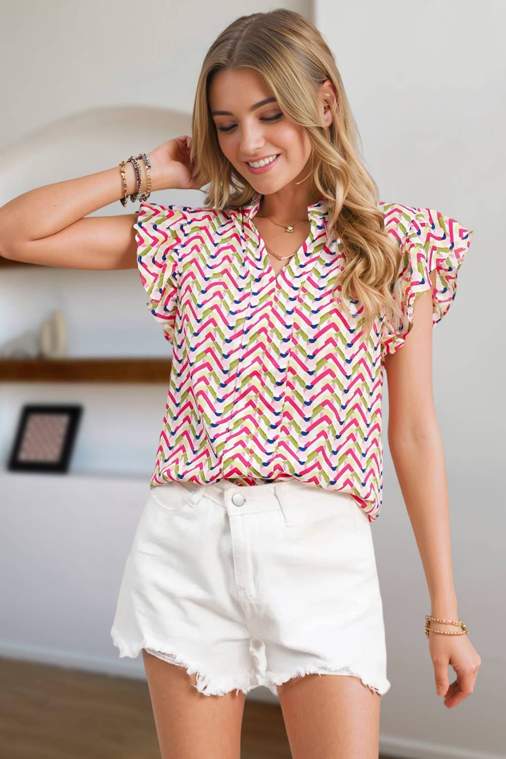 Chevron Print Ruffled Sleeve Blouse | S-XL