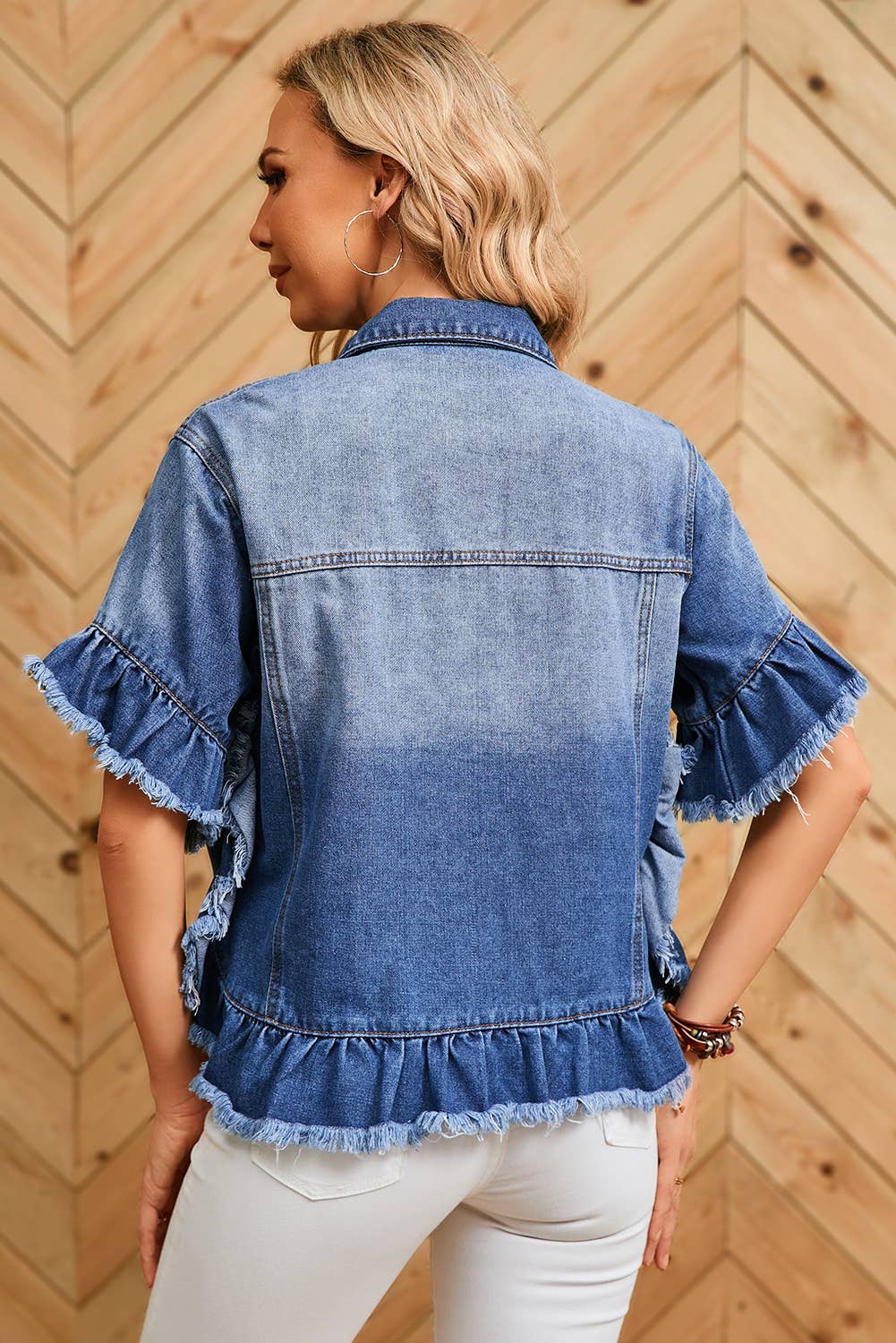 Raw Edge Ruffled Short Sleeve Denim Jacket | S-XL