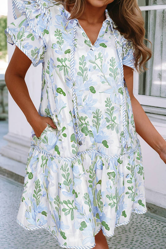 Floral Contrast Edge Layered Short Sleeve Mini Dress