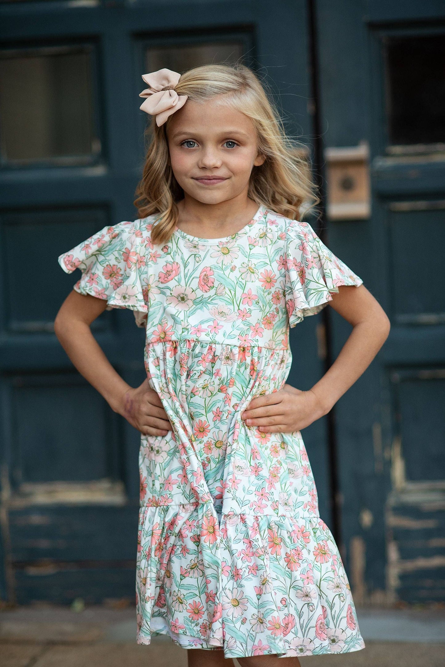 Girls Vintage Beige Floral Spring Easter Flutter Sleeve Dress