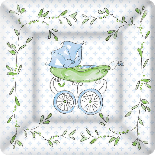 7" Square Paper Plates Blue Baby Carriage