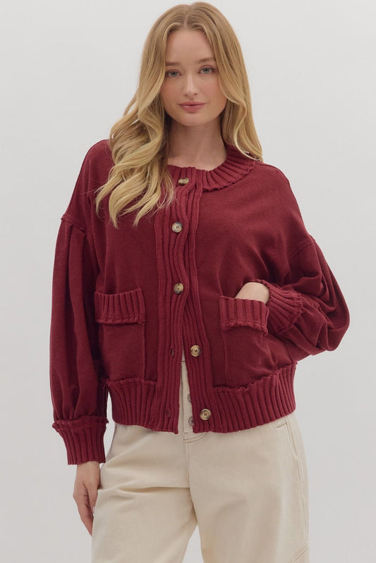Ribbed Raw Edge Sweater ( Black & Burgundy )